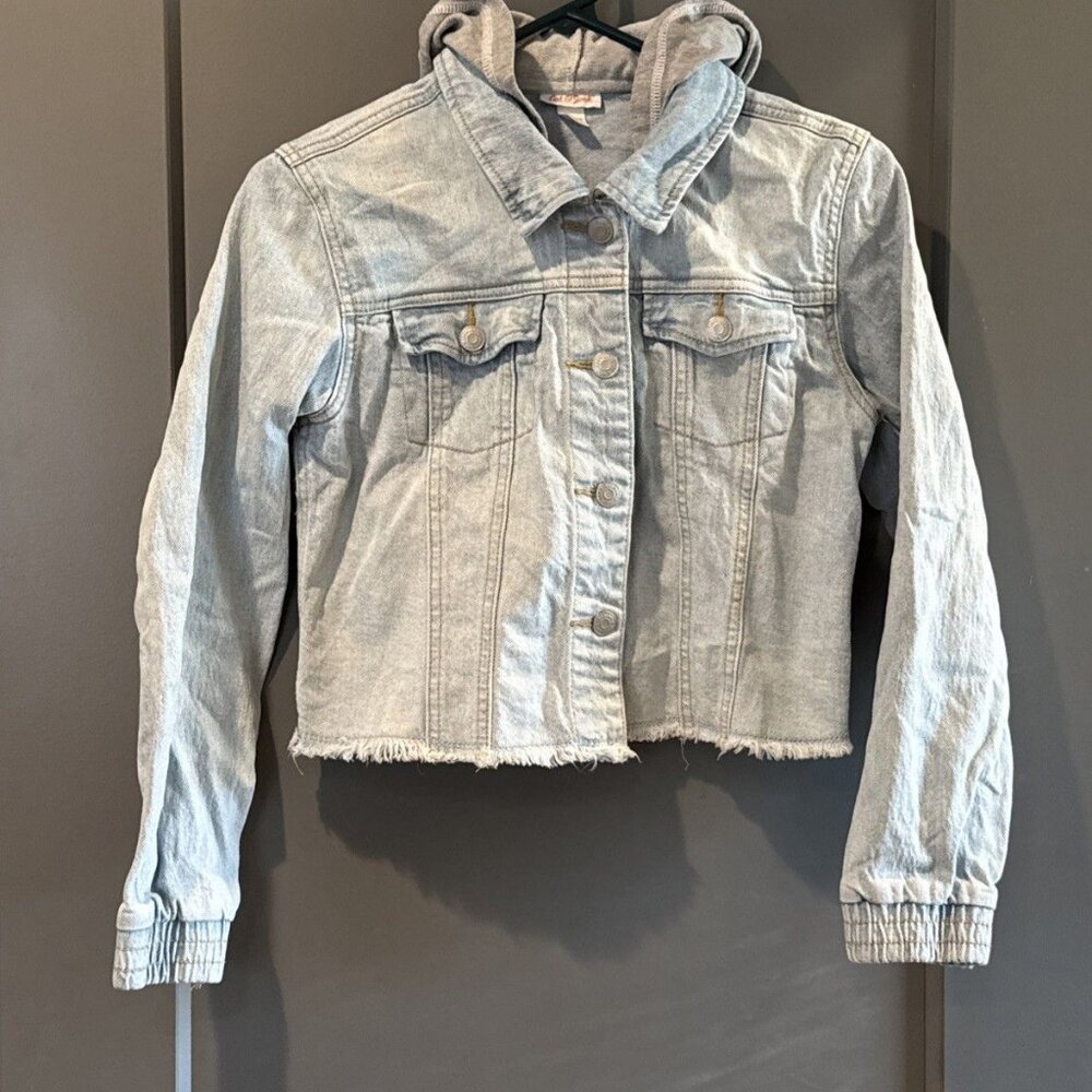 Light Wash Denim Jacket With Gray Hood Large 10/12
